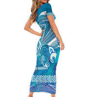 Kuri Dog Waka New Zealand Matariki Short Sleeve Bodycon Dress Ocean Sharks Maori Tattoo