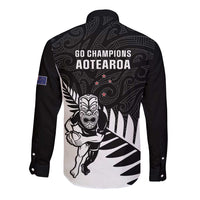 New Zealand Silver Fern Rugby Long Sleeve Button Shirt All Black Go Champions Maori Pattern LT14