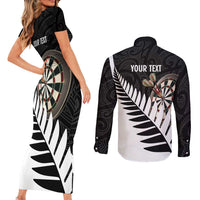 Personalised New Zealand Darts Couples Matching Short Sleeve Bodycon Dress and Long Sleeve Button Shirt Silver Fern Aotearoa Maori Pattern - Polynesian Pride