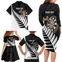Personalised New Zealand Darts Family Matching Long Sleeve Bodycon Dress and Hawaiian Shirt Silver Fern Aotearoa Maori Pattern - Polynesian Pride