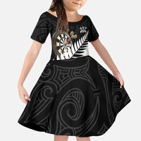 Personalised New Zealand Darts Family Matching Off The Shoulder Long Sleeve Dress and Hawaiian Shirt Silver Fern Aotearoa Maori Pattern - Polynesian Pride