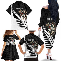 Personalised New Zealand Darts Family Matching Off The Shoulder Long Sleeve Dress and Hawaiian Shirt Silver Fern Aotearoa Maori Pattern - Polynesian Pride