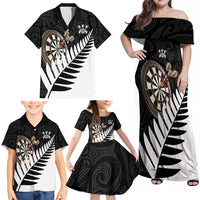Personalised New Zealand Darts Family Matching Off Shoulder Maxi Dress and Hawaiian Shirt Silver Fern Aotearoa Maori Pattern - Polynesian Pride