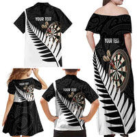 Personalised New Zealand Darts Family Matching Off Shoulder Maxi Dress and Hawaiian Shirt Silver Fern Aotearoa Maori Pattern - Polynesian Pride