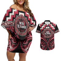 Aotearoa Ngai Te Rangi Personalised Couples Matching Off Shoulder Short Dress and Hawaiian Shirt Maori Iwi Poutama Puhoro Tattoo LT14 Red - Polynesian Pride