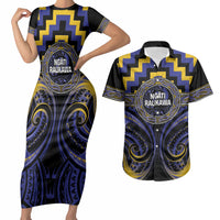 Aotearoa Ngati Raukawa Personalised Couples Matching Short Sleeve Bodycon Dress and Hawaiian Shirt Maori Iwi Poutama Puhoro Tattoo LT14 Blue - Polynesian Pride