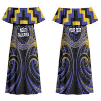 Aotearoa Ngati Raukawa Personalised Family Matching Off Shoulder Maxi Dress and Hawaiian Shirt Maori Iwi Poutama Puhoro Tattoo LT14 Mom's Dress Blue - Polynesian Pride
