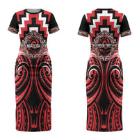Aotearoa Ngati Toa Personalised Couples Matching Short Sleeve Bodycon Dress and Hawaiian Shirt Maori Iwi Poutama Puhoro Tattoo LT14 - Polynesian Pride