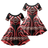Aotearoa Ngati Toa Personalised Family Matching Puletasi and Hawaiian Shirt Maori Iwi Poutama Puhoro Tattoo LT14 Daughter's Dress Red - Polynesian Pride