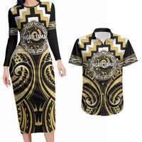 Aotearoa Ngati Tama Personalised Couples Matching Long Sleeve Bodycon Dress and Hawaiian Shirt Maori Iwi Poutama Puhoro Tattoo LT14 Yellow - Polynesian Pride