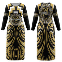 Aotearoa Ngati Tama Personalised Family Matching Long Sleeve Bodycon Dress and Hawaiian Shirt Maori Iwi Poutama Puhoro Tattoo LT14 Mom's Dress Yellow - Polynesian Pride