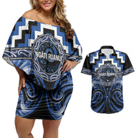 Aotearoa Ngati Ruanui Personalised Couples Matching Off Shoulder Short Dress and Hawaiian Shirt Maori Iwi Poutama Puhoro Tattoo LT14 Blue - Polynesian Pride