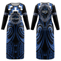 Aotearoa Ngati Ruanui Personalised Family Matching Long Sleeve Bodycon Dress and Hawaiian Shirt Maori Iwi Poutama Puhoro Tattoo LT14 Mom's Dress Blue - Polynesian Pride