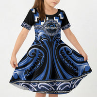 Aotearoa Ngati Ruanui Personalised Kid Short Sleeve Dress Maori Iwi Poutama Puhoro Tattoo LT14 KID Blue - Polynesian Pride