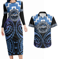 Aotearoa Ngaruahine Personalised Couples Matching Long Sleeve Bodycon Dress and Hawaiian Shirt Maori Iwi Poutama Puhoro Tattoo LT14 Blue - Polynesian Pride
