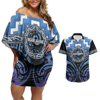 Aotearoa Ngaruahine Personalised Couples Matching Off Shoulder Short Dress and Hawaiian Shirt Maori Iwi Poutama Puhoro Tattoo LT14 Blue - Polynesian Pride