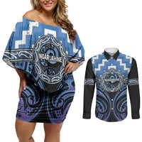 Aotearoa Ngaruahine Personalised Couples Matching Off Shoulder Short Dress and Long Sleeve Button Shirt Maori Iwi Poutama Puhoro Tattoo LT14 Blue - Polynesian Pride