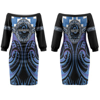 Aotearoa Ngaruahine Personalised Family Matching Off The Shoulder Long Sleeve Dress and Hawaiian Shirt Maori Iwi Poutama Puhoro Tattoo LT14 Mom's Dress Blue - Polynesian Pride
