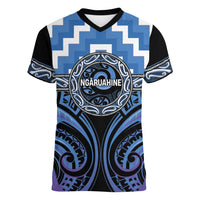 Aotearoa Ngaruahine Personalised Women V-Neck T-Shirt Maori Iwi Poutama Puhoro Tattoo LT14 Female Blue - Polynesian Pride