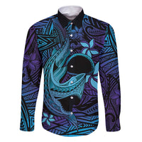 Nukuoro Atoll Family Matching Summer Maxi Dress and Hawaiian Shirt Polynesian Shark Tattoo Purple Gradient Vibes