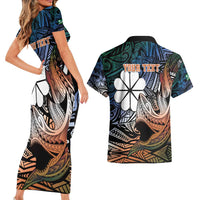 Personalised Kwajalein Atoll Couples Matching Short Sleeve Bodycon Dress and Hawaiian Shirt Polynesian Shark Tattoo Gradient Vibes