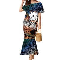 Personalised Kwajalein Atoll Family Matching Mermaid Dress and Hawaiian Shirt Polynesian Shark Tattoo Gradient Vibes