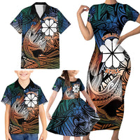 Personalised Kwajalein Atoll Family Matching Short Sleeve Bodycon Dress and Hawaiian Shirt Polynesian Shark Tattoo Gradient Vibes