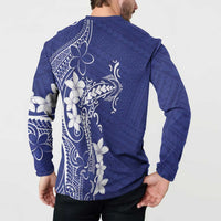 Blue Hawaii Button Sweatshirt Hammerhead Shark Tattoo Curve Polynesian - Polynesian Pride