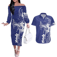 Blue Hawaii Couples Matching Off The Shoulder Long Sleeve Dress and Hawaiian Shirt Hammerhead Shark Tattoo Curve Polynesian - Polynesian Pride
