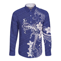 Blue Hawaii Long Sleeve Button Shirt Hammerhead Shark Tattoo Curve Polynesian - Polynesian Pride