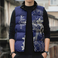 Blue Hawaii Sleeveless Puffer Jacket Hammerhead Shark Tattoo Curve Polynesian - Polynesian Pride