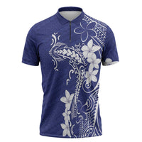 Blue Hawaii Zipper Polo Shirt Hammerhead Shark Tattoo Curve Polynesian - Polynesian Pride