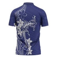 Blue Hawaii Zipper Polo Shirt Hammerhead Shark Tattoo Curve Polynesian - Polynesian Pride