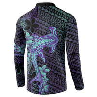 Purple Paradise Hawaii Button Sweatshirt Hammerhead Shark Tattoo Curve Polynesian - Polynesian Pride