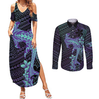 Purple Paradise Hawaii Couples Matching Summer Maxi Dress and Long Sleeve Button Shirt Hammerhead Shark Tattoo Curve Polynesian - Polynesian Pride