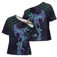 Purple Paradise Hawaii Cross Shoulder Shirt Hammerhead Shark Tattoo Curve Polynesian - Polynesian Pride