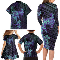 Purple Paradise Hawaii Family Matching Long Sleeve Bodycon Dress and Hawaiian Shirt Hammerhead Shark Tattoo Curve Polynesian - Polynesian Pride
