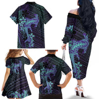 Purple Paradise Hawaii Family Matching Off The Shoulder Long Sleeve Dress and Hawaiian Shirt Hammerhead Shark Tattoo Curve Polynesian - Polynesian Pride