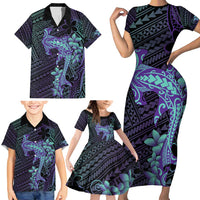 Purple Paradise Hawaii Family Matching Short Sleeve Bodycon Dress and Hawaiian Shirt Hammerhead Shark Tattoo Curve Polynesian - Polynesian Pride