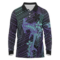 Purple Paradise Hawaii Long Sleeve Polo Shirt Hammerhead Shark Tattoo Curve Polynesian - Polynesian Pride