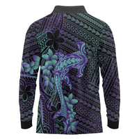 Purple Paradise Hawaii Long Sleeve Polo Shirt Hammerhead Shark Tattoo Curve Polynesian - Polynesian Pride