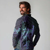 Purple Paradise Hawaii Long Sleeve Polo Shirt Hammerhead Shark Tattoo Curve Polynesian - Polynesian Pride