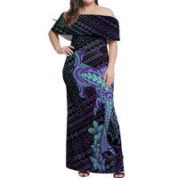 Purple Paradise Hawaii Off Shoulder Maxi Dress Hammerhead Shark Tattoo Curve Polynesian - Polynesian Pride