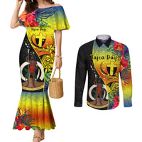 Vanuatu Tafea Day Couples Matching Mermaid Dress and Long Sleeve Button Shirts Coat Of Arms Mix Tropical Flowers LT14 Black - Polynesian Pride