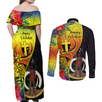 vanuatu-tafea-day-couples-matching-off-shoulder-maxi-dress-and-long-sleeve-button-shirts-coat-of-arms-mix-tropical-flowers