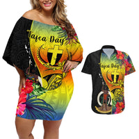 Vanuatu Tafea Day Couples Matching Off Shoulder Short Dress and Hawaiian Shirt Coat Of Arms Mix Tropical Flowers LT14 Black - Polynesian Pride