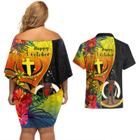 Vanuatu Tafea Day Couples Matching Off Shoulder Short Dress and Hawaiian Shirt Coat Of Arms Mix Tropical Flowers LT14 - Polynesian Pride