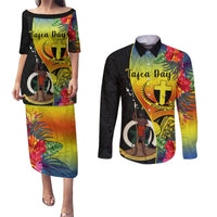 Vanuatu Tafea Day Couples Matching Puletasi Dress and Long Sleeve Button Shirts Coat Of Arms Mix Tropical Flowers LT14 Black - Polynesian Pride