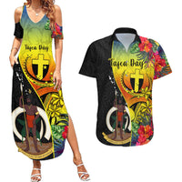 Vanuatu Tafea Day Couples Matching Summer Maxi Dress and Hawaiian Shirt Coat Of Arms Mix Tropical Flowers LT14 Black - Polynesian Pride