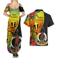 Vanuatu Tafea Day Couples Matching Summer Maxi Dress and Hawaiian Shirt Coat Of Arms Mix Tropical Flowers LT14 - Polynesian Pride